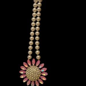 Betsey Johnson Large Pink Flower Faux Pearl Crystal Necklace- VERY SPARKLY!